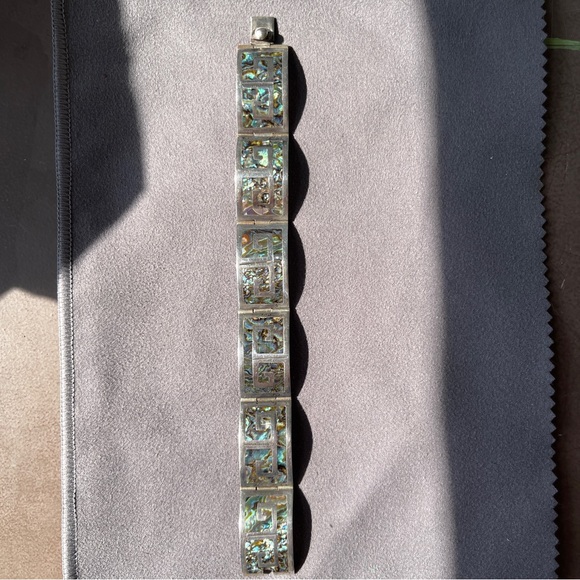 Vintage Sterling Silver Mexican Abalone Station Bracelet Greek Key Design - Picture 4 of 11